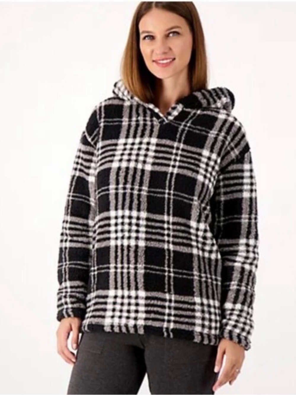 AnyBody Black & White Plaid Sherpa Hooded Sweater Woman’s Medium